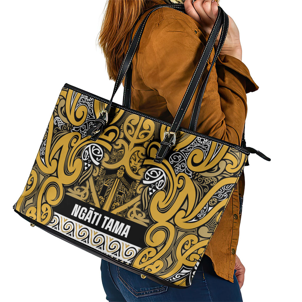 Aotearoa Iwi Ngāti Tama ki Te Waipounamu Trust Leather Tote Bag Maori Wharenui House Tribal Pattern LT9 - Polynesian Pride
