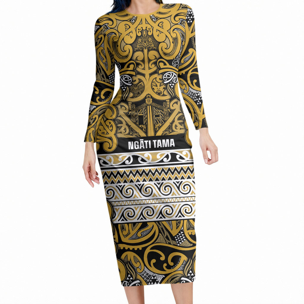 Aotearoa Iwi Ngāti Tama ki Te Waipounamu Trust Long Sleeve Bodycon Dress Maori Wharenui House Tribal Pattern LT9 Long Dress Gold - Polynesian Pride