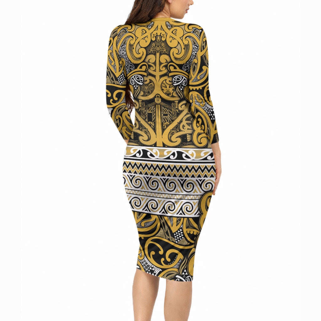 Aotearoa Iwi Ngāti Tama ki Te Waipounamu Trust Long Sleeve Bodycon Dress Maori Wharenui House Tribal Pattern LT9 - Polynesian Pride