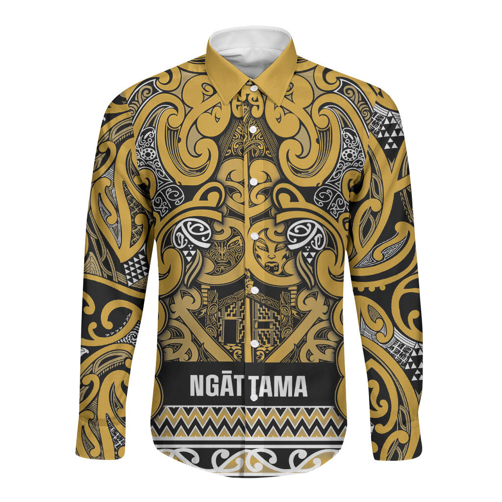 Aotearoa Iwi Ngāti Tama ki Te Waipounamu Trust Long Sleeve Button Shirt Maori Wharenui House Tribal Pattern LT9 Unisex Gold - Polynesian Pride
