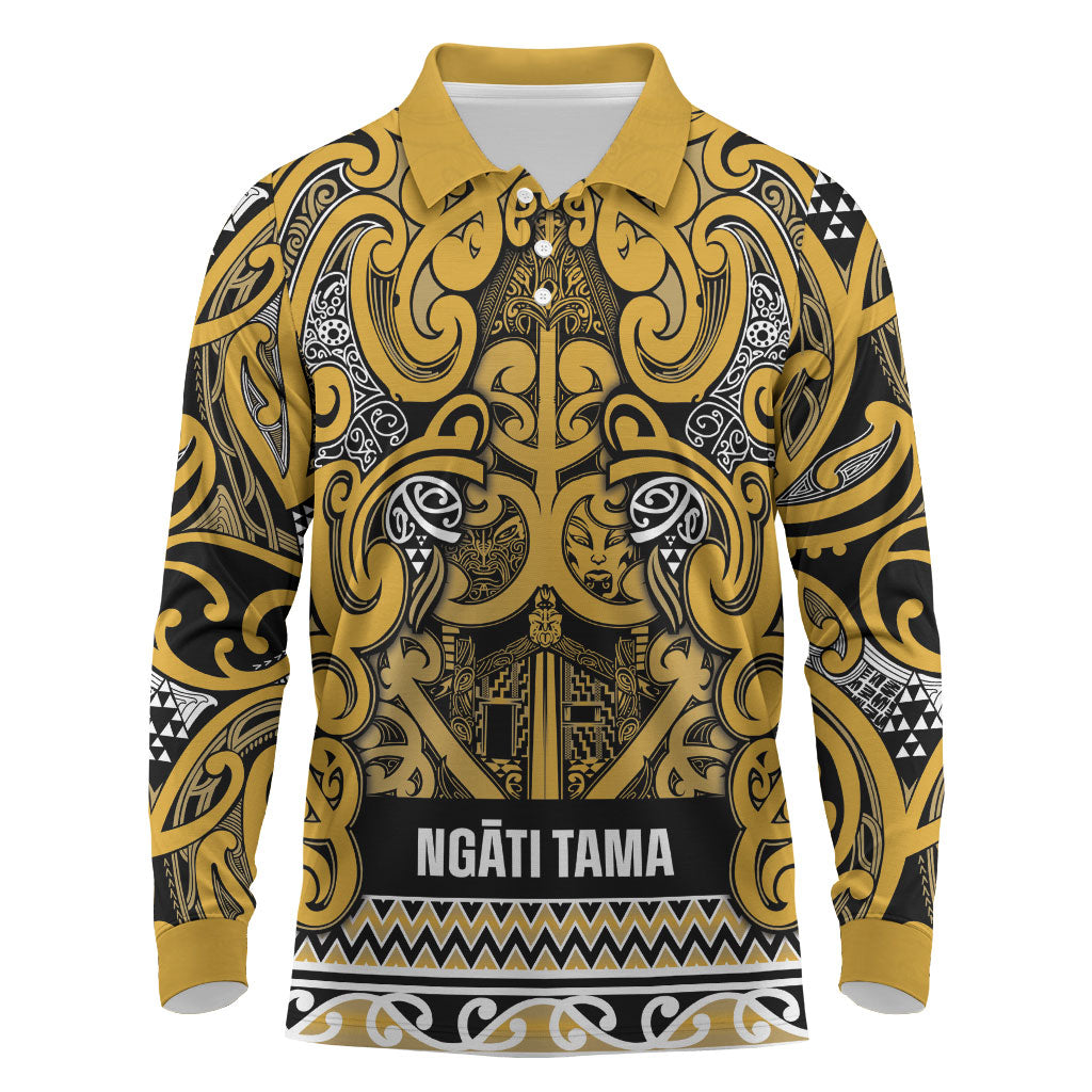Aotearoa Iwi Ngāti Tama ki Te Waipounamu Trust Long Sleeve Polo Shirt Maori Wharenui House Tribal Pattern LT9 Gold - Polynesian Pride