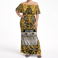 Aotearoa Iwi Ngāti Tama ki Te Waipounamu Trust Off Shoulder Maxi Dress Maori Wharenui House Tribal Pattern LT9 Women Gold - Polynesian Pride