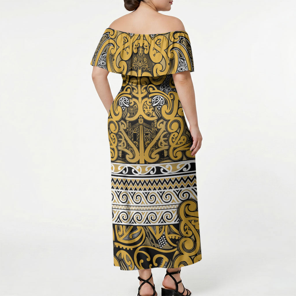 Aotearoa Iwi Ngāti Tama ki Te Waipounamu Trust Off Shoulder Maxi Dress Maori Wharenui House Tribal Pattern LT9 - Polynesian Pride