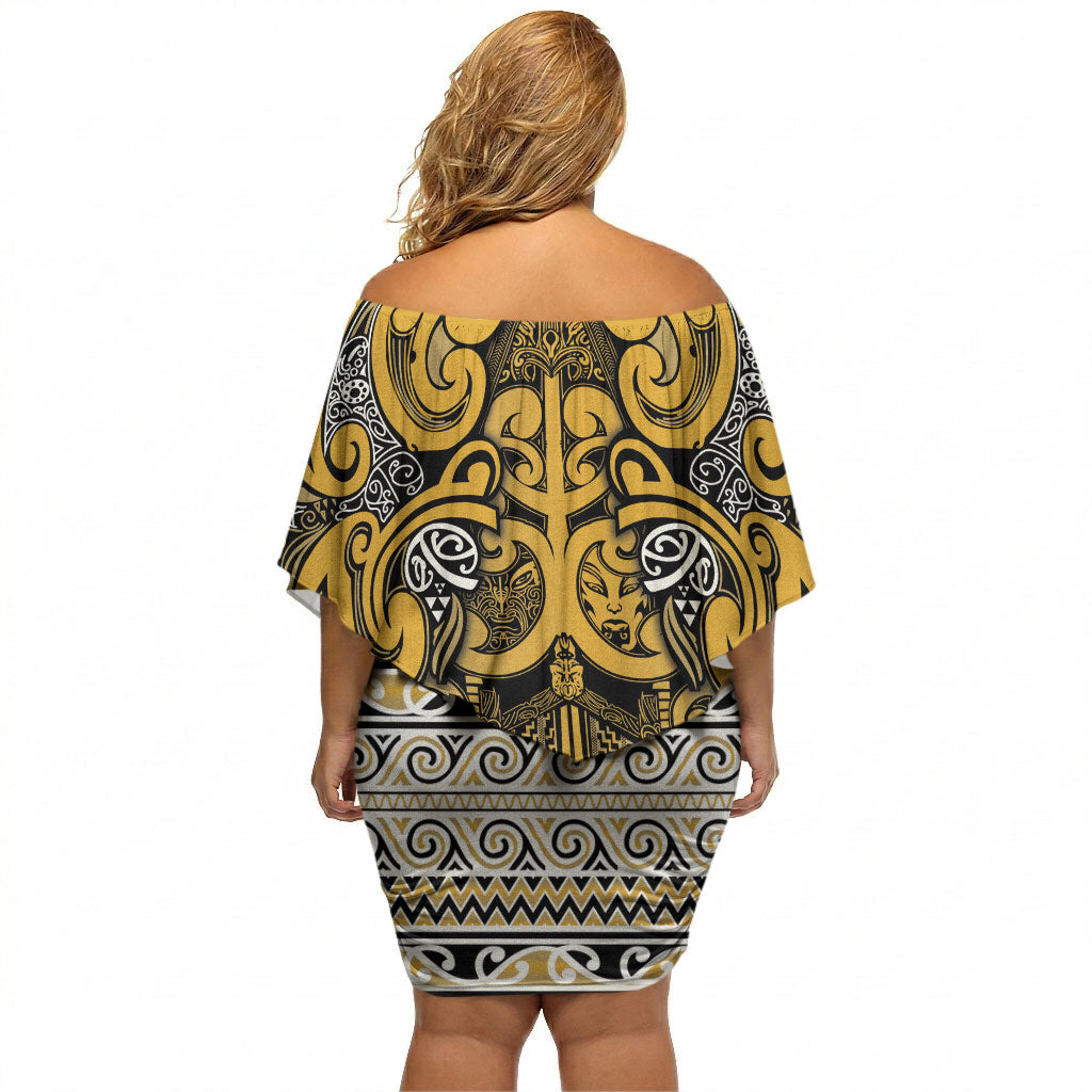 Aotearoa Iwi Ngāti Tama ki Te Waipounamu Trust Off Shoulder Short Dress Maori Wharenui House Tribal Pattern LT9 - Polynesian Pride