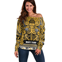 Aotearoa Iwi Ngāti Tama ki Te Waipounamu Trust Off Shoulder Sweater Maori Wharenui House Tribal Pattern LT9 Women Gold - Polynesian Pride