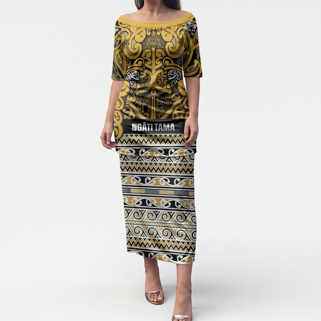 Aotearoa Iwi Ngāti Tama ki Te Waipounamu Trust Puletasi Maori Wharenui House Tribal Pattern LT9 Long Dress Gold - Polynesian Pride