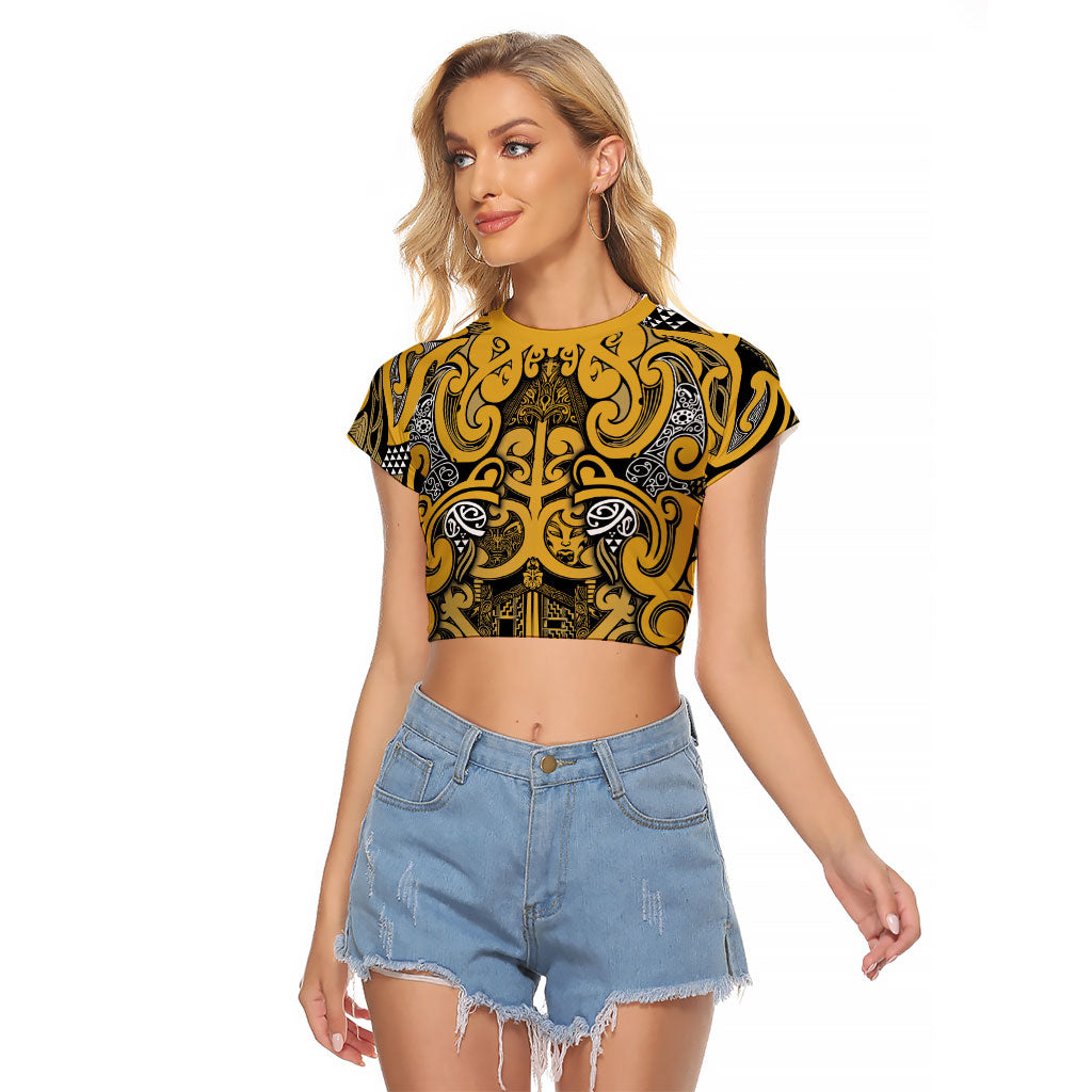 Aotearoa Iwi Ngāti Tama ki Te Waipounamu Trust Raglan Cropped T Shirt Maori Wharenui House Tribal Pattern LT9 Female Gold - Polynesian Pride