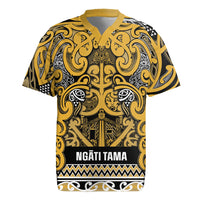Aotearoa Iwi Ngāti Tama ki Te Waipounamu Trust Rugby Jersey Maori Wharenui House Tribal Pattern LT9 Gold - Polynesian Pride