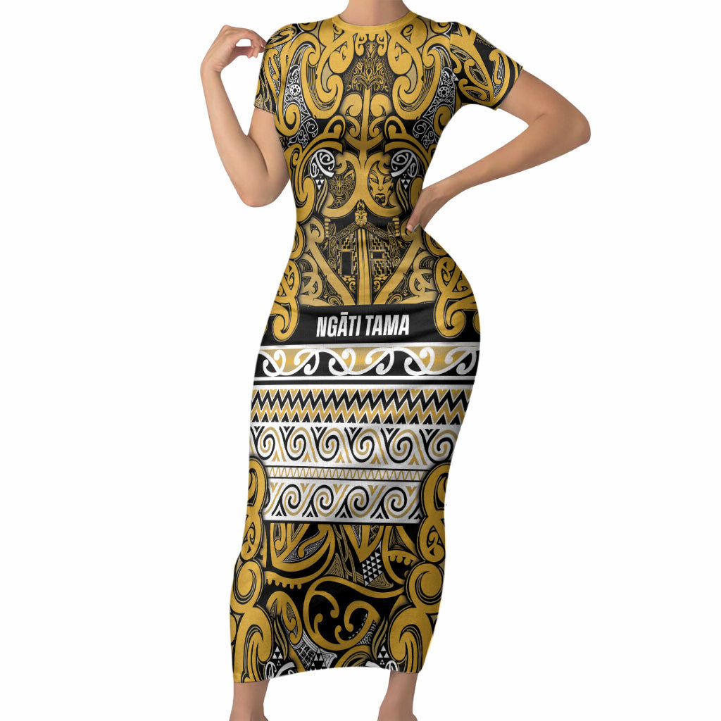 Aotearoa Iwi Ngāti Tama ki Te Waipounamu Trust Short Sleeve Bodycon Dress Maori Wharenui House Tribal Pattern LT9 Long Dress Gold - Polynesian Pride