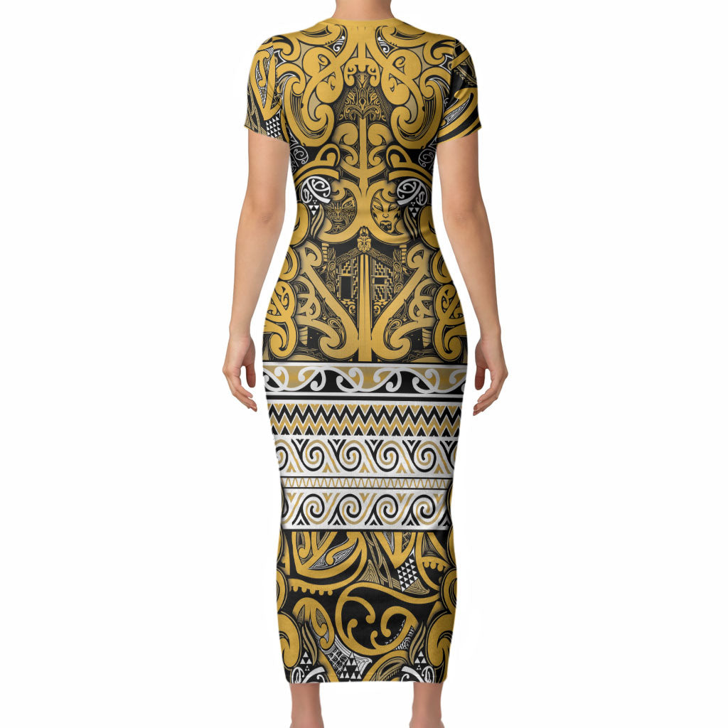 Aotearoa Iwi Ngāti Tama ki Te Waipounamu Trust Short Sleeve Bodycon Dress Maori Wharenui House Tribal Pattern LT9 - Polynesian Pride
