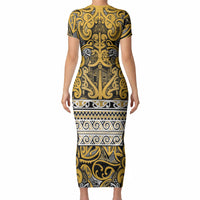 Aotearoa Iwi Ngāti Tama ki Te Waipounamu Trust Short Sleeve Bodycon Dress Maori Wharenui House Tribal Pattern LT9 - Polynesian Pride