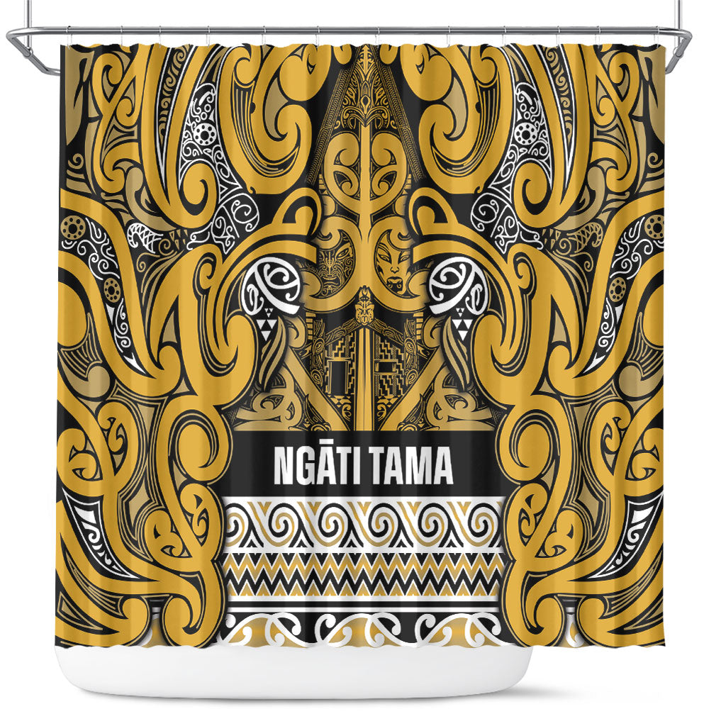 Aotearoa Iwi Ngāti Tama ki Te Waipounamu Trust Shower Curtain Maori Wharenui House Tribal Pattern LT9 Gold - Polynesian Pride