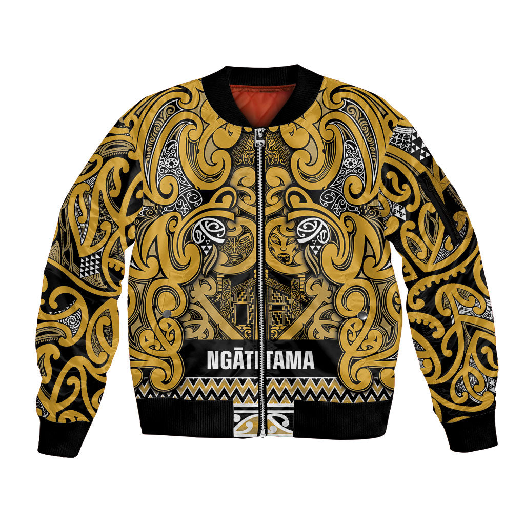 Aotearoa Iwi Ngāti Tama ki Te Waipounamu Trust Sleeve Zip Bomber Jacket Maori Wharenui House Tribal Pattern LT9 Unisex Gold - Polynesian Pride