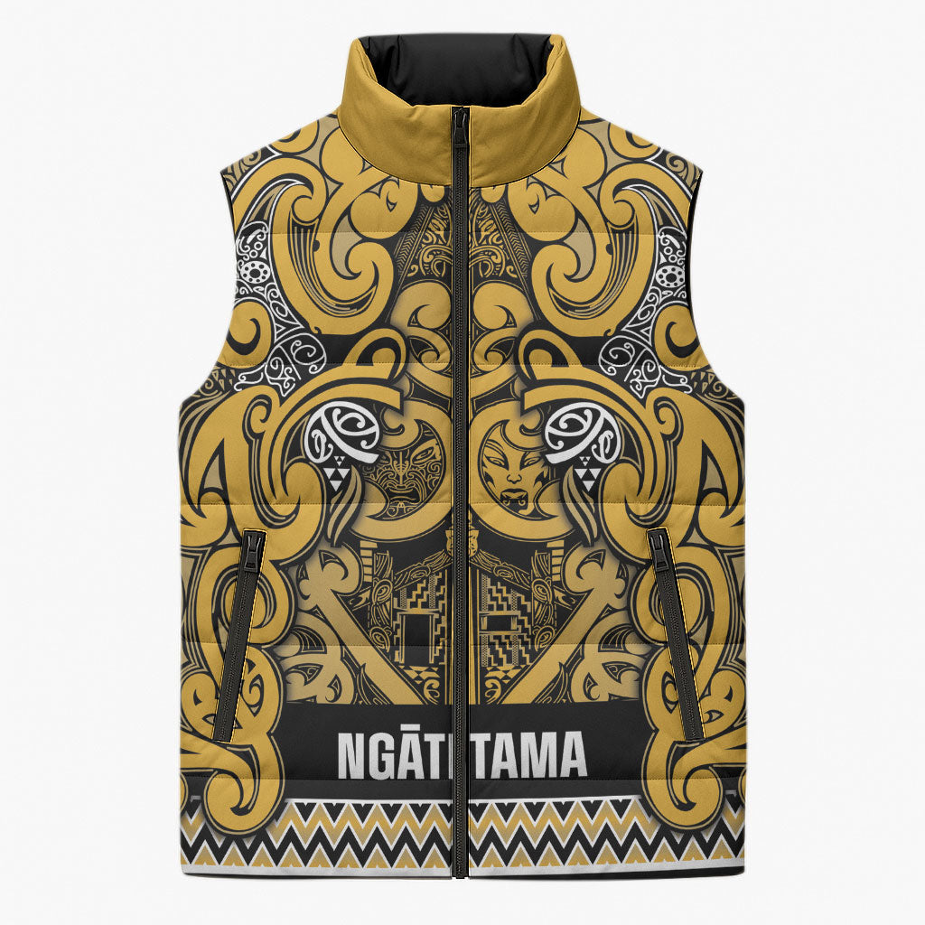 Aotearoa Iwi Ngāti Tama ki Te Waipounamu Trust Sleeveless Puffer Jacket Maori Wharenui House Tribal Pattern LT9 Unisex Gold - Polynesian Pride