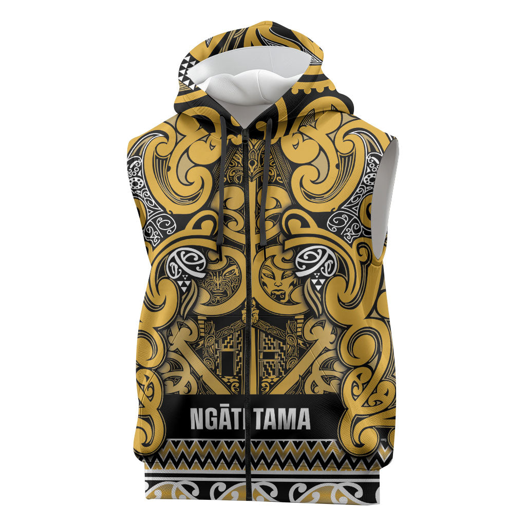 Aotearoa Iwi Ngāti Tama ki Te Waipounamu Trust Sleeveless Zip Hoodie Maori Wharenui House Tribal Pattern LT9 Gold - Polynesian Pride