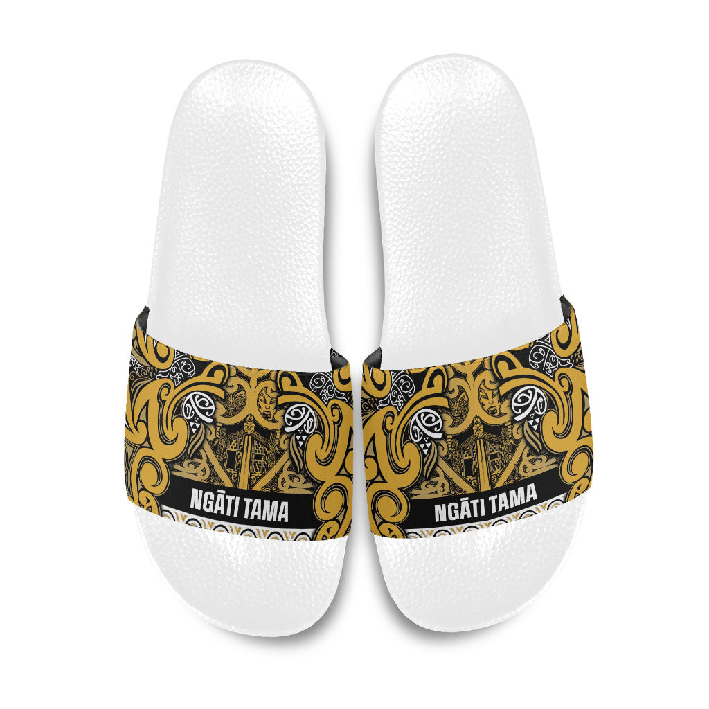 Aotearoa Iwi Ngāti Tama ki Te Waipounamu Trust Slide Sandals Maori Wharenui House Tribal Pattern LT9 Gold - Polynesian Pride