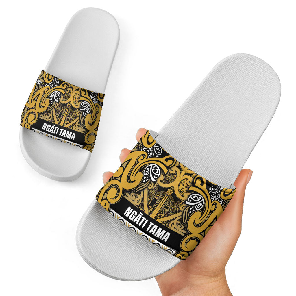 Aotearoa Iwi Ngāti Tama ki Te Waipounamu Trust Slide Sandals Maori Wharenui House Tribal Pattern LT9 - Polynesian Pride