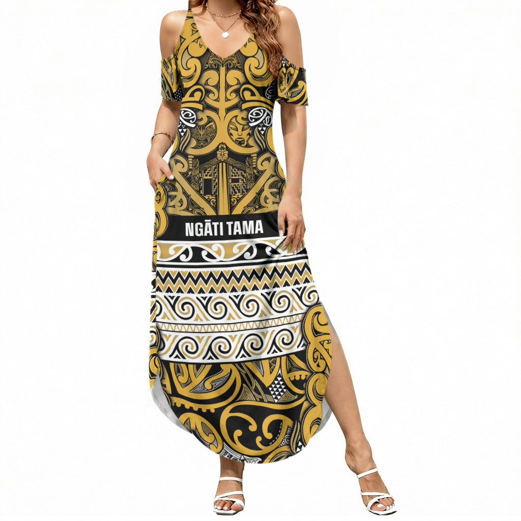Aotearoa Iwi Ngāti Tama ki Te Waipounamu Trust Summer Maxi Dress Maori Wharenui House Tribal Pattern LT9 Women Gold - Polynesian Pride