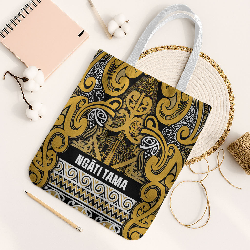 Aotearoa Iwi Ngāti Tama ki Te Waipounamu Trust Tote Bag Maori Wharenui House Tribal Pattern LT9 White Strap One Size Gold - Polynesian Pride
