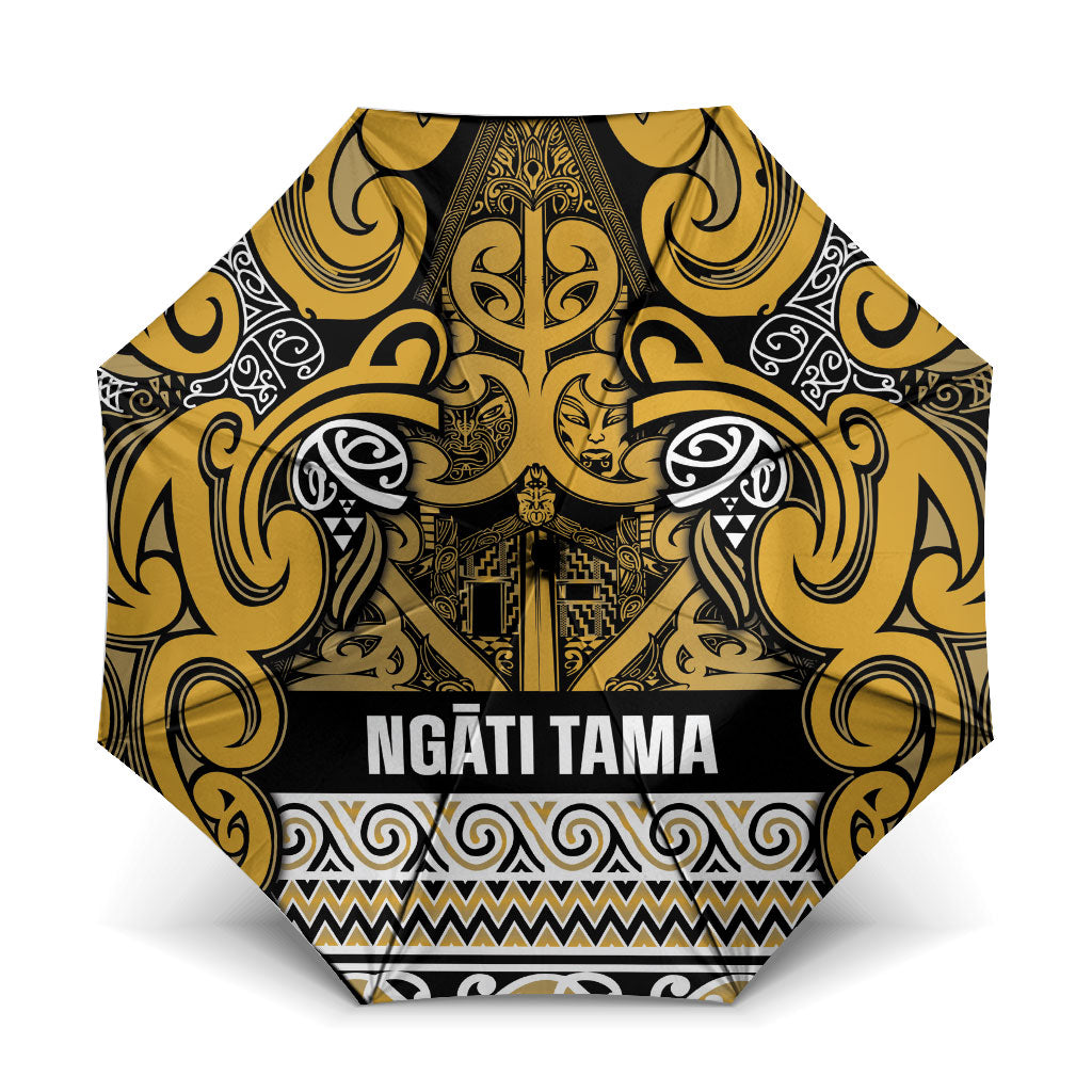 Aotearoa Iwi Ngāti Tama ki Te Waipounamu Trust Umbrella Maori Wharenui House Tribal Pattern LT9 One Size Folded 11.42 inch Opened Diameter 37.4 inch Gold - Polynesian Pride
