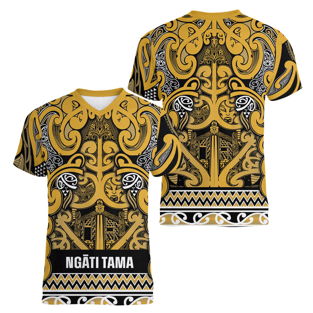 Aotearoa Iwi Ngāti Tama ki Te Waipounamu Trust Women V-Neck T-Shirt Maori Wharenui House Tribal Pattern LT9 - Polynesian Pride