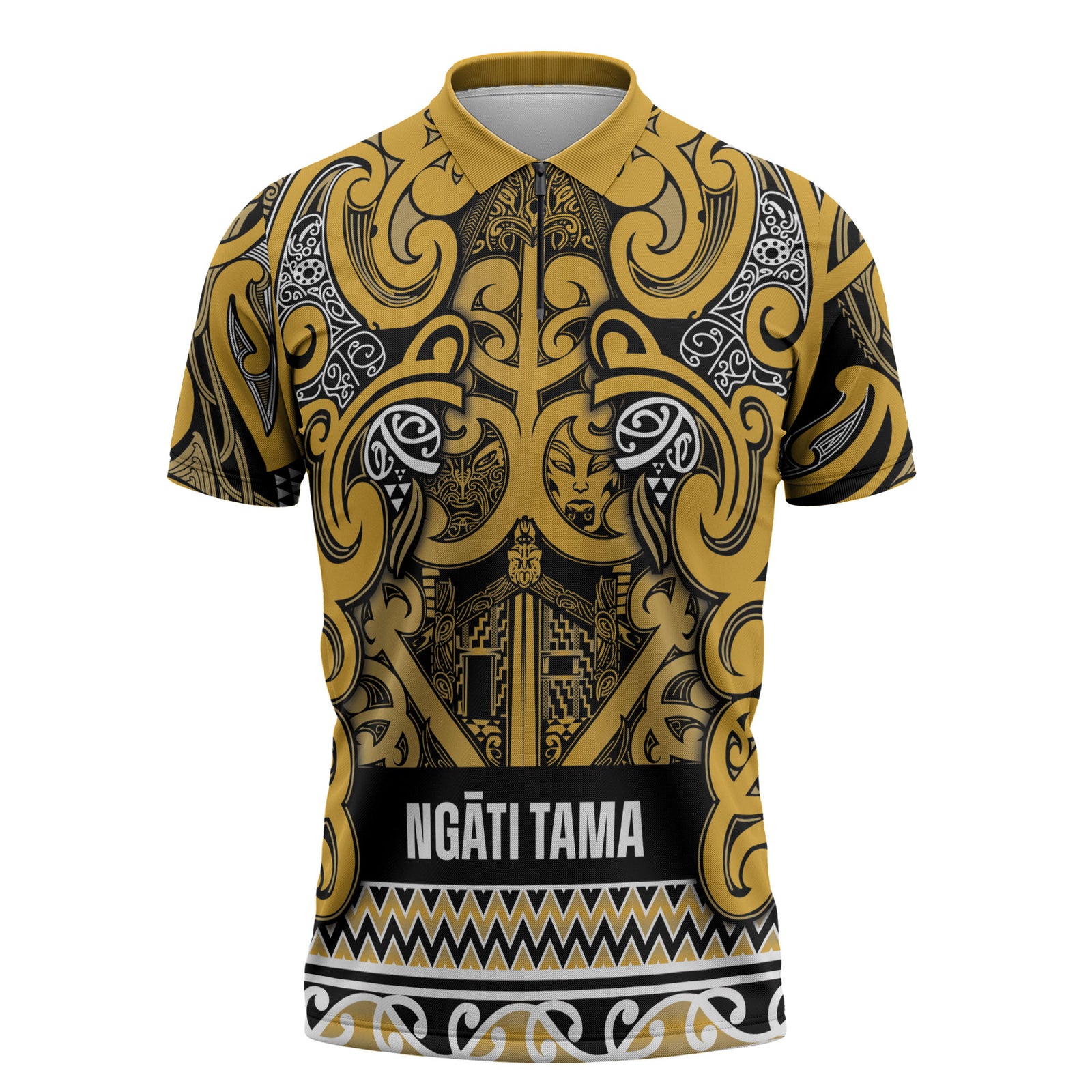 Aotearoa Iwi Ngāti Tama ki Te Waipounamu Trust Zipper Polo Shirt Maori Wharenui House Tribal Pattern LT9 Gold - Polynesian Pride