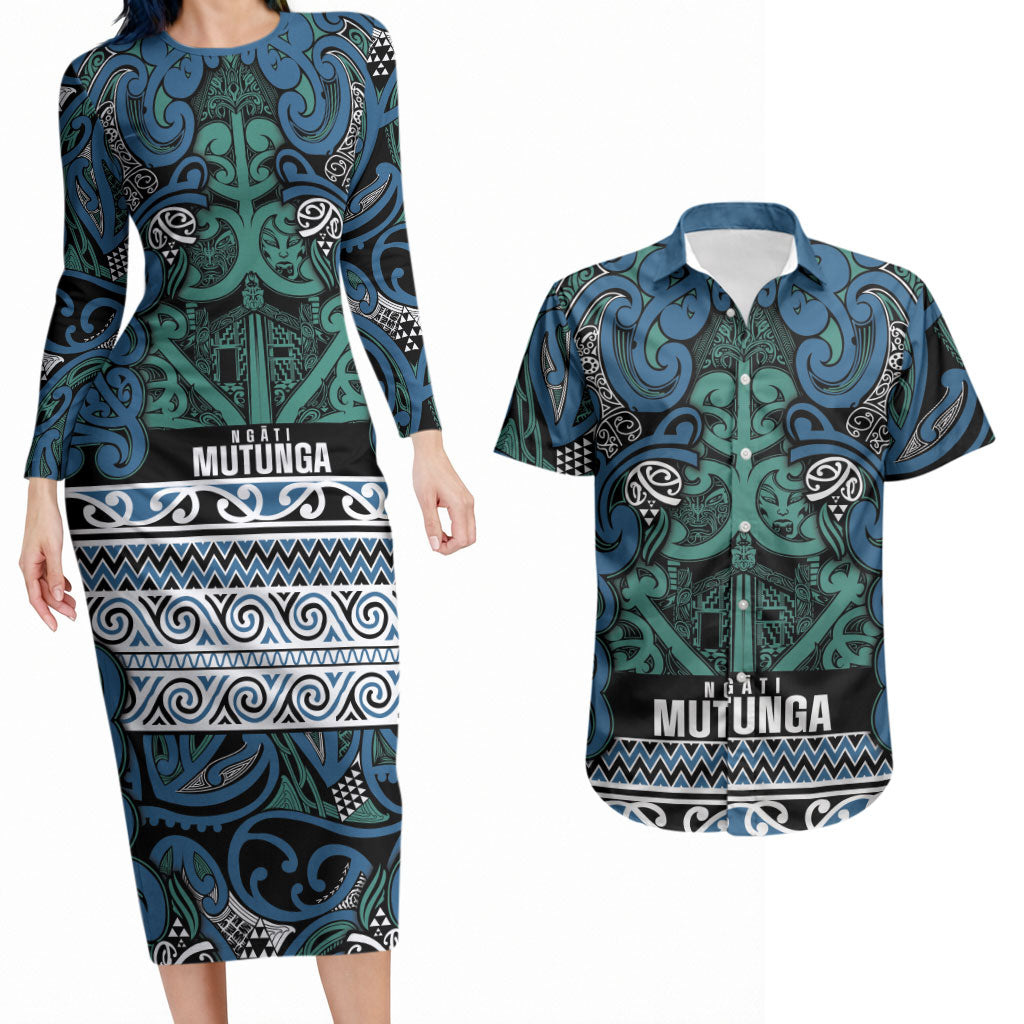 Aotearoa Iwi Ngati Mutunga Couples Matching Long Sleeve Bodycon Dress and Hawaiian Shirt Maori Wharenui House Tribal Pattern