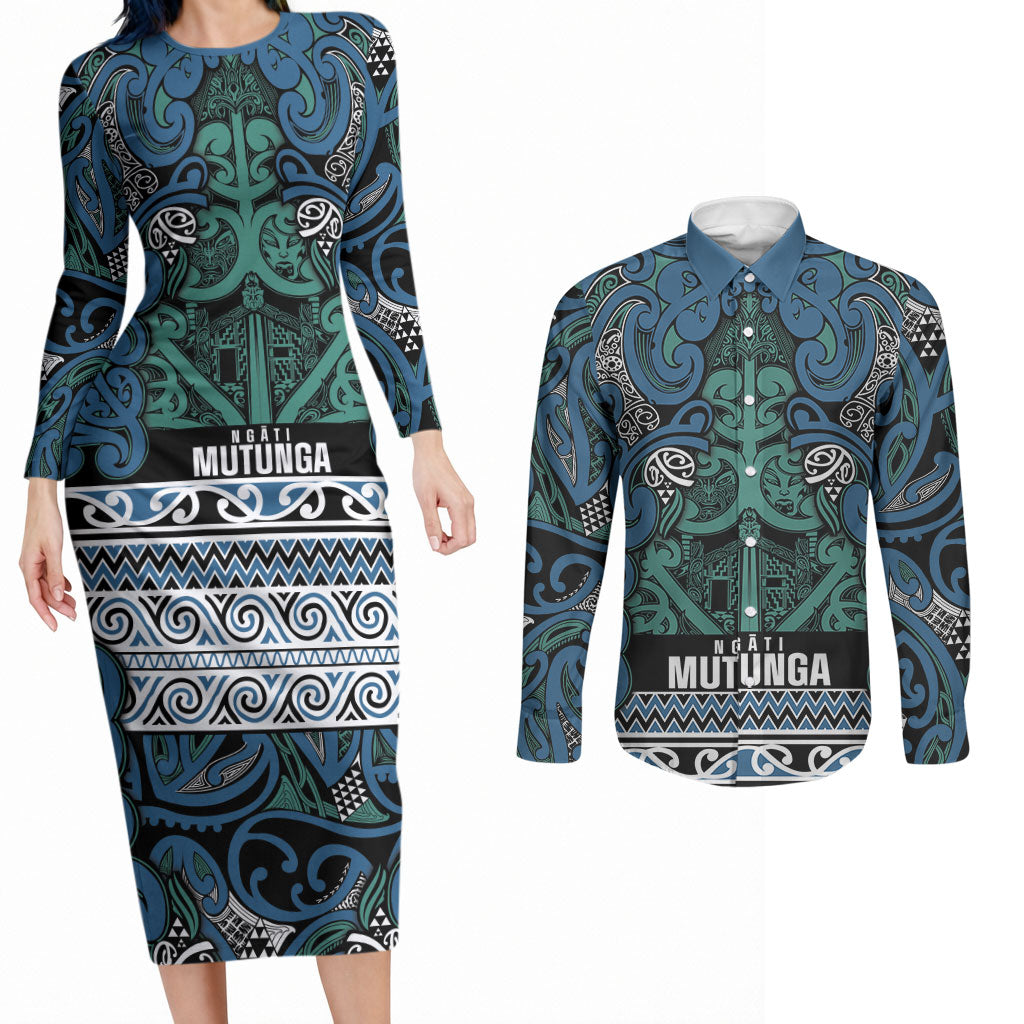 Aotearoa Iwi Ngati Mutunga Couples Matching Long Sleeve Bodycon Dress and Long Sleeve Button Shirt Maori Wharenui House Tribal Pattern
