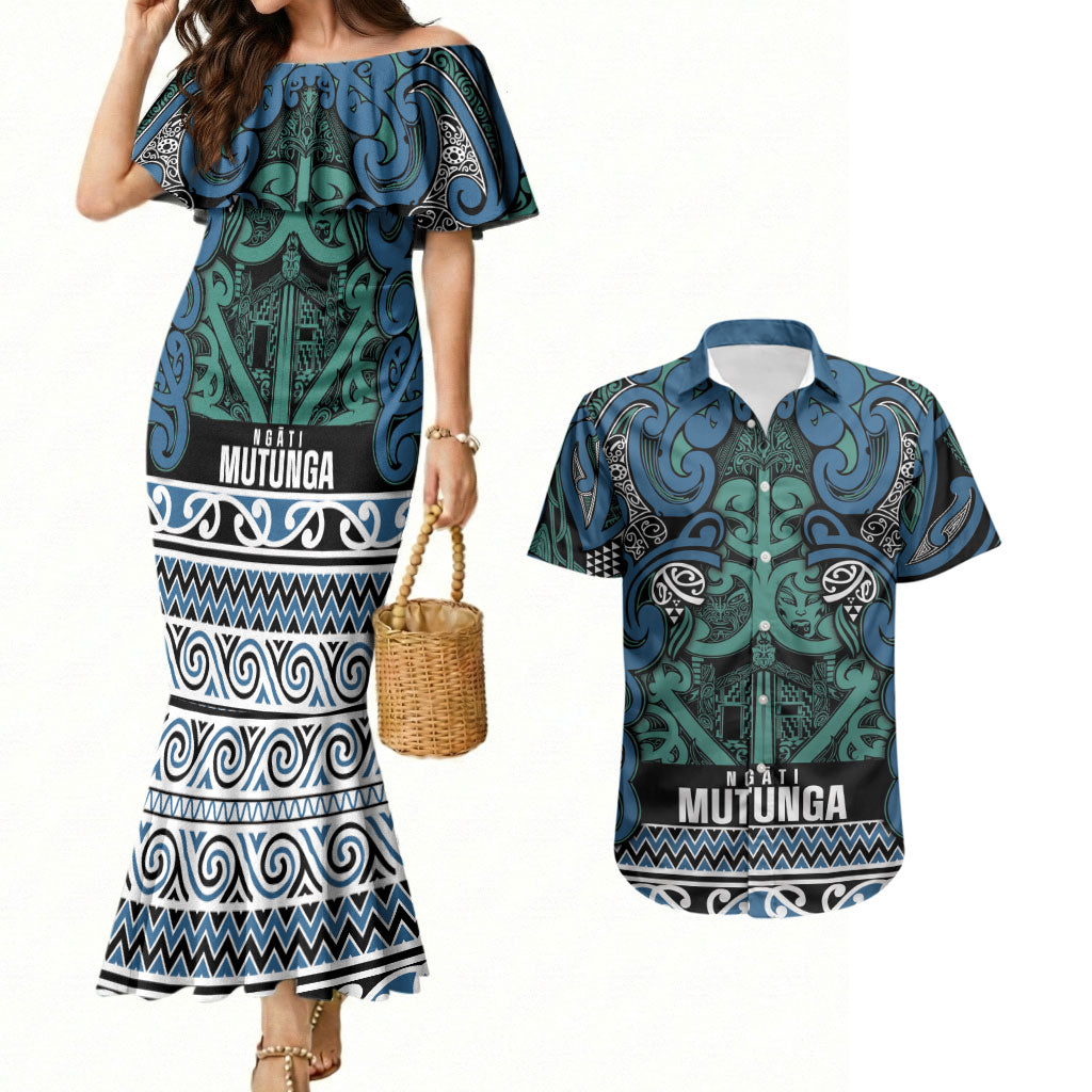 Aotearoa Iwi Ngati Mutunga Couples Matching Mermaid Dress and Hawaiian Shirt Maori Wharenui House Tribal Pattern