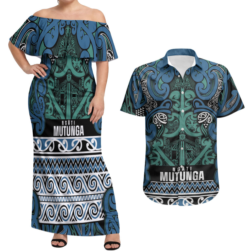 Aotearoa Iwi Ngati Mutunga Couples Matching Off Shoulder Maxi Dress and Hawaiian Shirt Maori Wharenui House Tribal Pattern