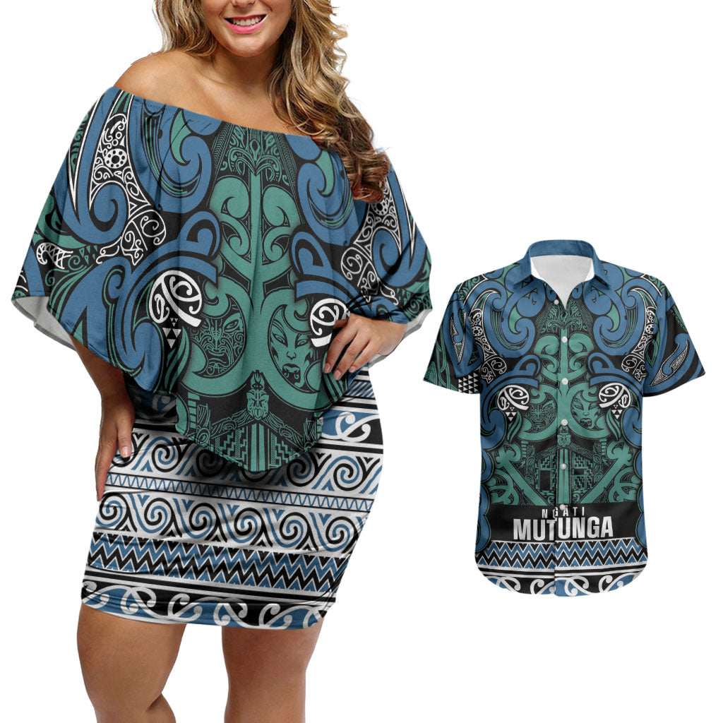 Aotearoa Iwi Ngati Mutunga Couples Matching Off Shoulder Short Dress and Hawaiian Shirt Maori Wharenui House Tribal Pattern