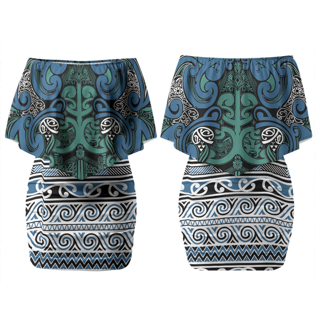 Aotearoa Iwi Ngati Mutunga Couples Matching Off Shoulder Short Dress and Hawaiian Shirt Maori Wharenui House Tribal Pattern