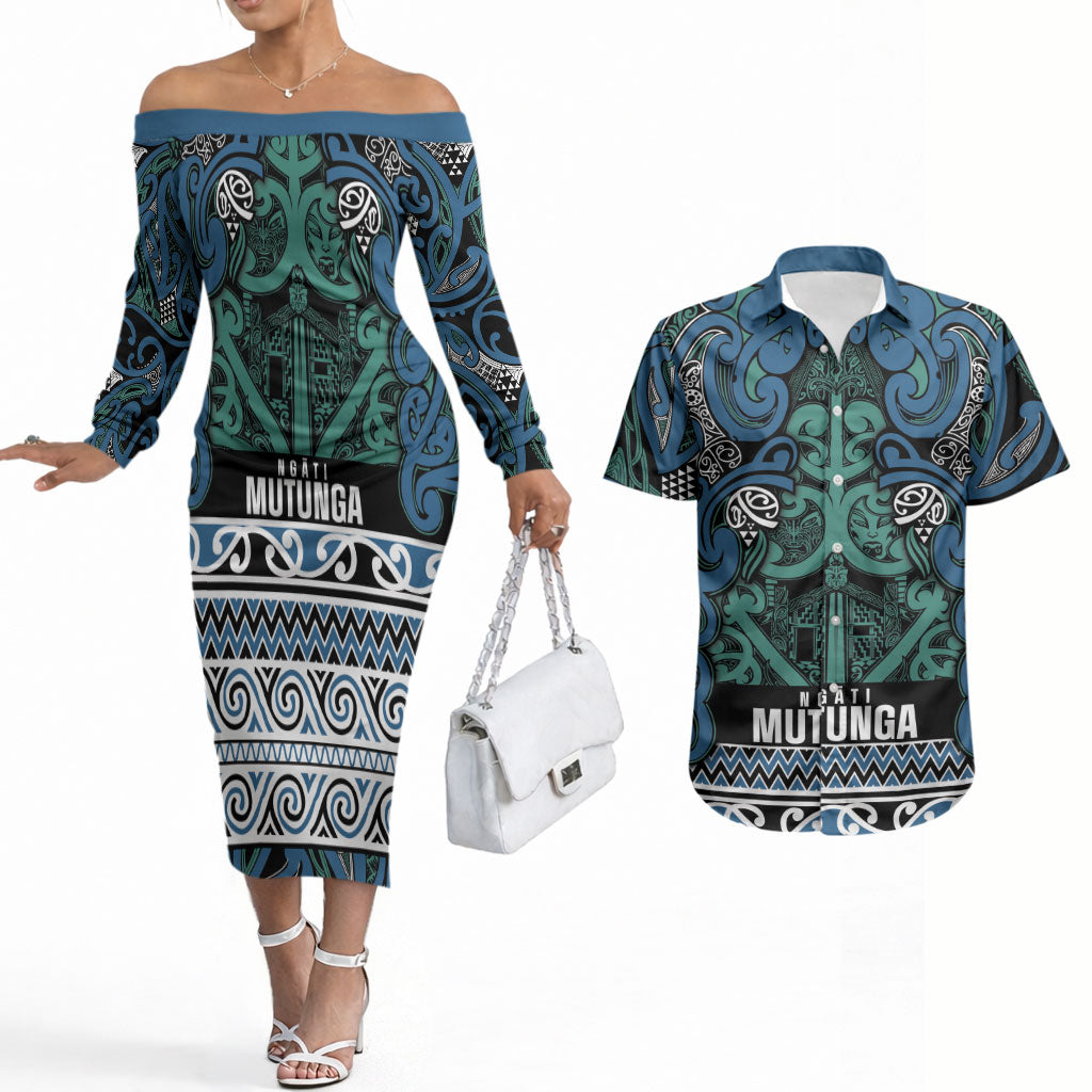 Aotearoa Iwi Ngati Mutunga Couples Matching Off The Shoulder Long Sleeve Dress and Hawaiian Shirt Maori Wharenui House Tribal Pattern