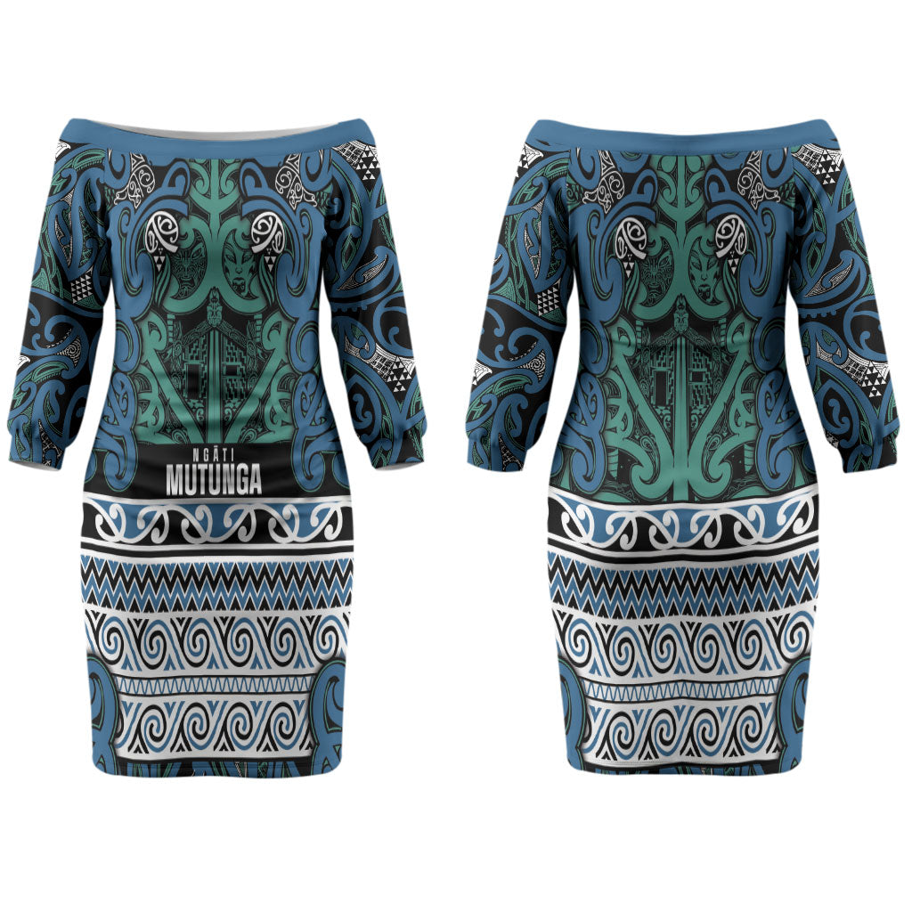 Aotearoa Iwi Ngati Mutunga Couples Matching Off The Shoulder Long Sleeve Dress and Long Sleeve Button Shirt Maori Wharenui House Tribal Pattern