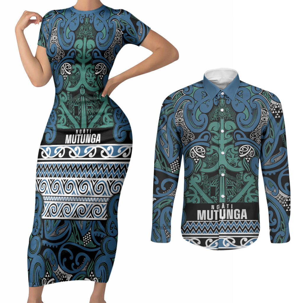 Aotearoa Iwi Ngati Mutunga Couples Matching Short Sleeve Bodycon Dress and Long Sleeve Button Shirt Maori Wharenui House Tribal Pattern