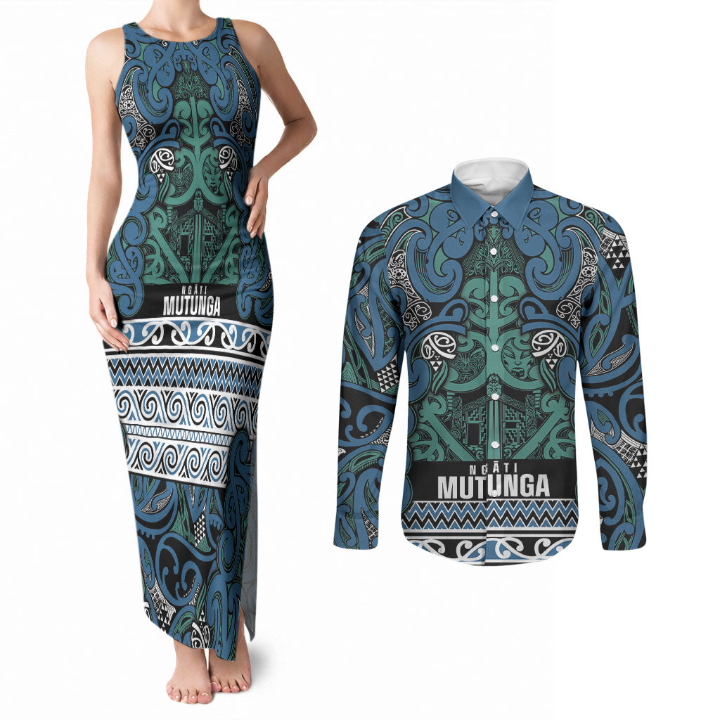 Aotearoa Iwi Ngati Mutunga Couples Matching Tank Maxi Dress and Long Sleeve Button Shirt Maori Wharenui House Tribal Pattern