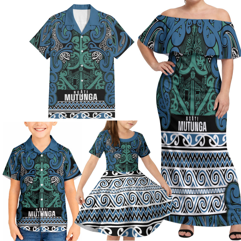 Aotearoa Iwi Ngati Mutunga Family Matching Off Shoulder Maxi Dress and Hawaiian Shirt Maori Wharenui House Tribal Pattern