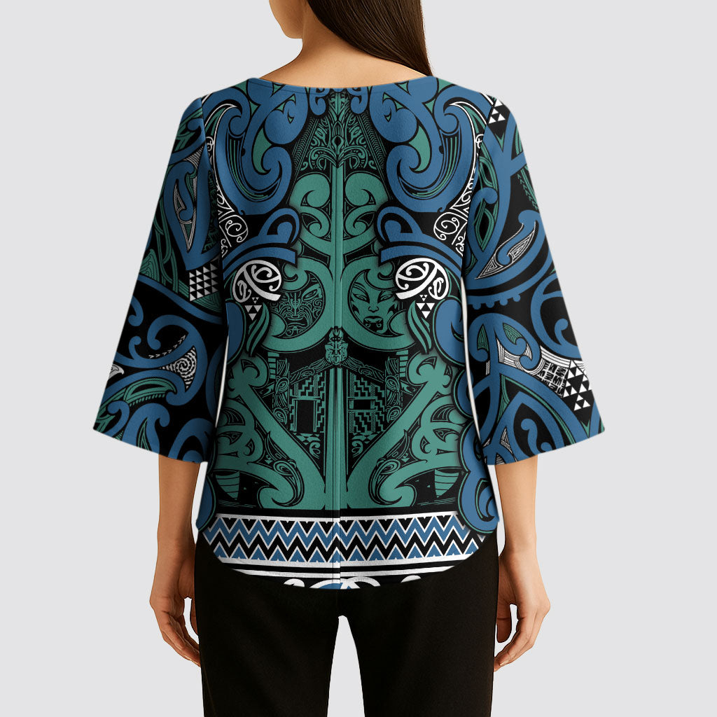 Aotearoa Iwi Ngati Mutunga Kimono Sleeve Blouse Maori Wharenui House Tribal Pattern