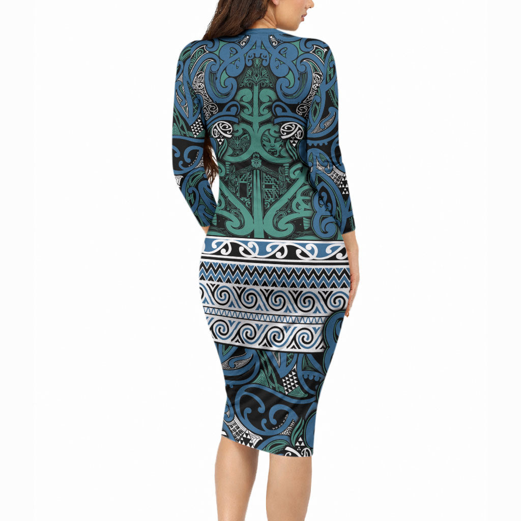 Aotearoa Iwi Ngati Mutunga Long Sleeve Bodycon Dress Maori Wharenui House Tribal Pattern