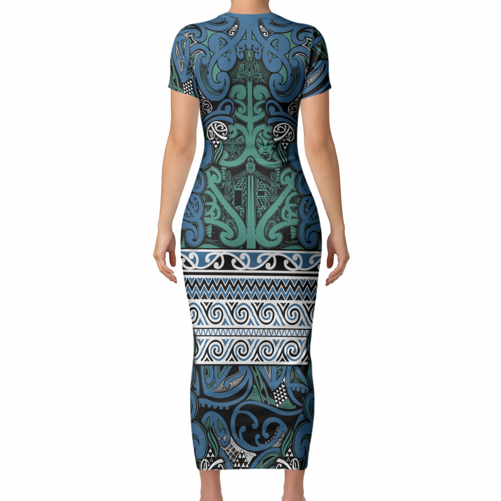 Aotearoa Iwi Ngati Mutunga Short Sleeve Bodycon Dress Maori Wharenui House Tribal Pattern