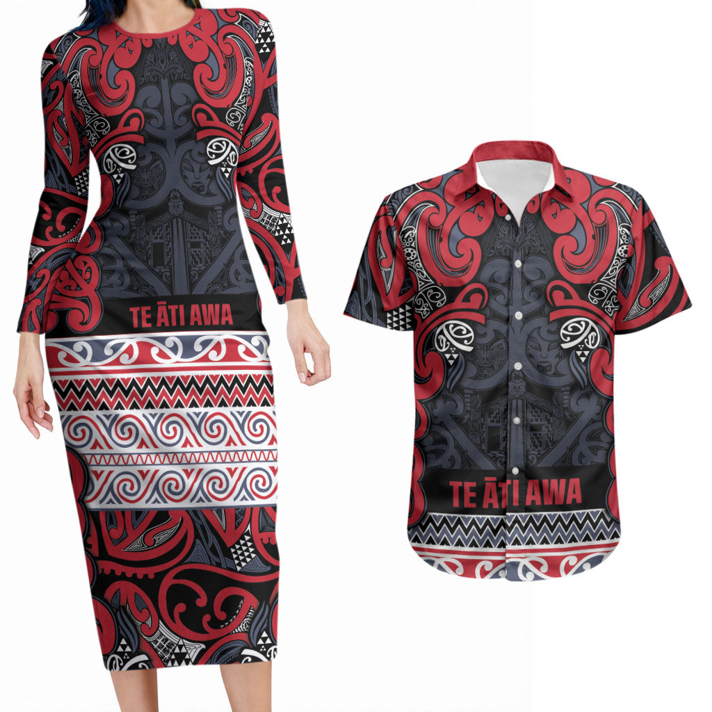 Aotearoa Iwi Te ati Awa Couples Matching Long Sleeve Bodycon Dress and Hawaiian Shirt Maori Wharenui House Tribal Pattern
