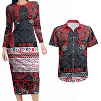 Aotearoa Iwi Te ati Awa Couples Matching Long Sleeve Bodycon Dress and Hawaiian Shirt Maori Wharenui House Tribal Pattern