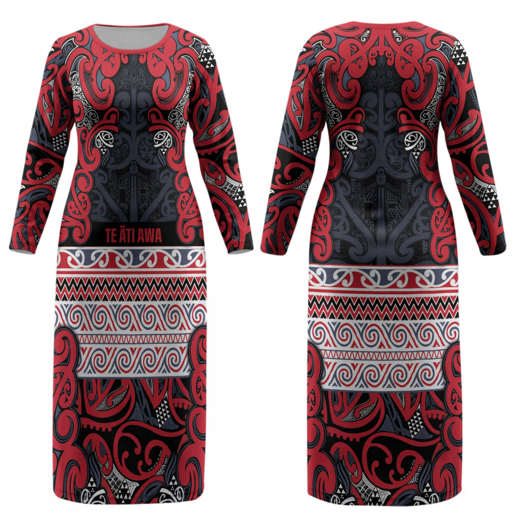 Aotearoa Iwi Te ati Awa Couples Matching Long Sleeve Bodycon Dress and Hawaiian Shirt Maori Wharenui House Tribal Pattern