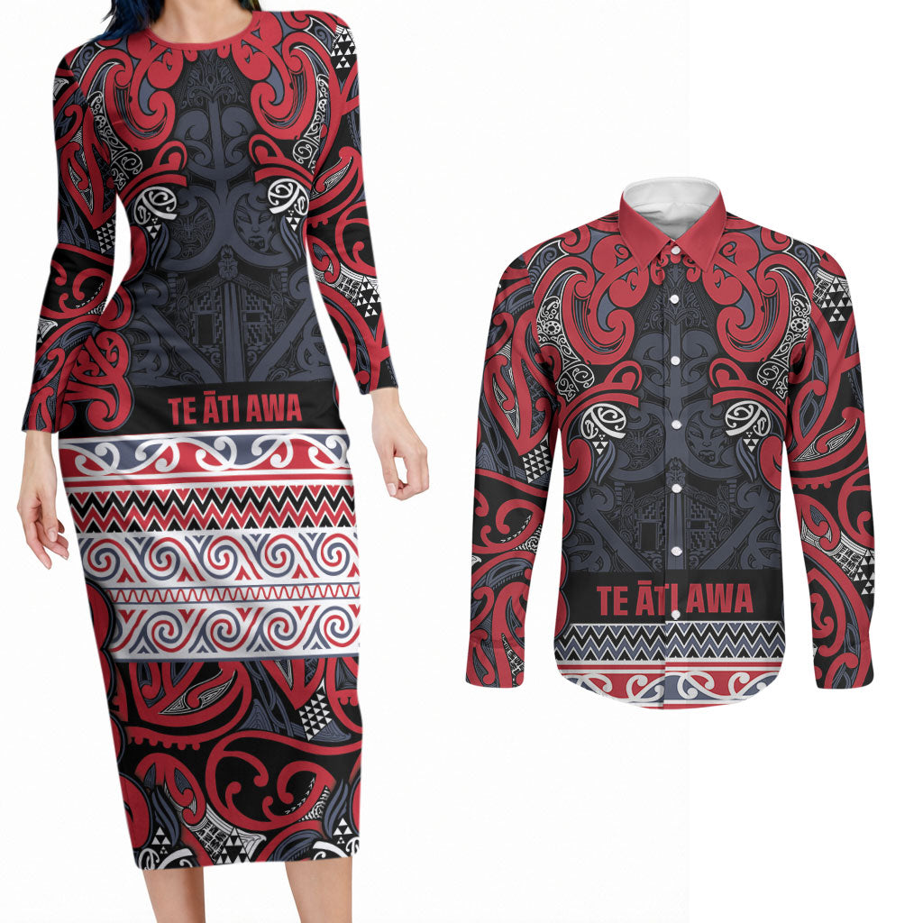 Aotearoa Iwi Te ati Awa Couples Matching Long Sleeve Bodycon Dress and Long Sleeve Button Shirt Maori Wharenui House Tribal Pattern