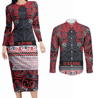 Aotearoa Iwi Te ati Awa Couples Matching Long Sleeve Bodycon Dress and Long Sleeve Button Shirt Maori Wharenui House Tribal Pattern