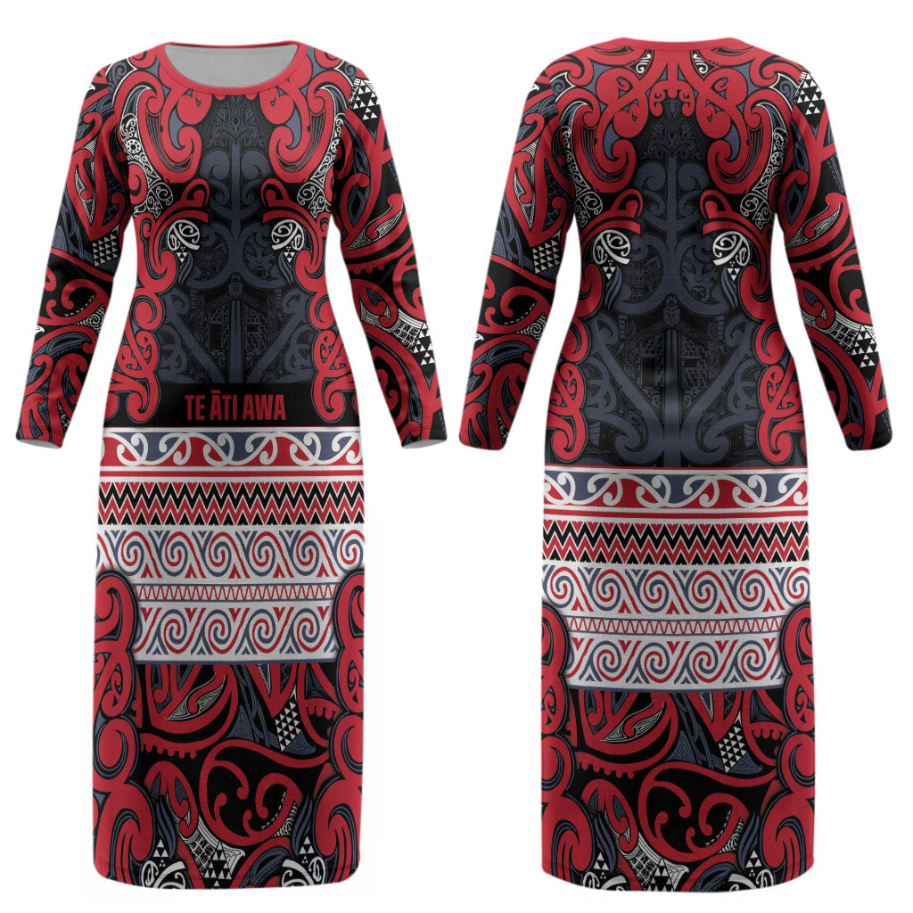 Aotearoa Iwi Te ati Awa Couples Matching Long Sleeve Bodycon Dress and Long Sleeve Button Shirt Maori Wharenui House Tribal Pattern