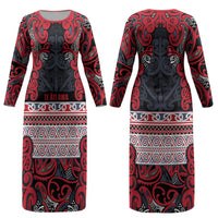 Aotearoa Iwi Te ati Awa Couples Matching Long Sleeve Bodycon Dress and Long Sleeve Button Shirt Maori Wharenui House Tribal Pattern