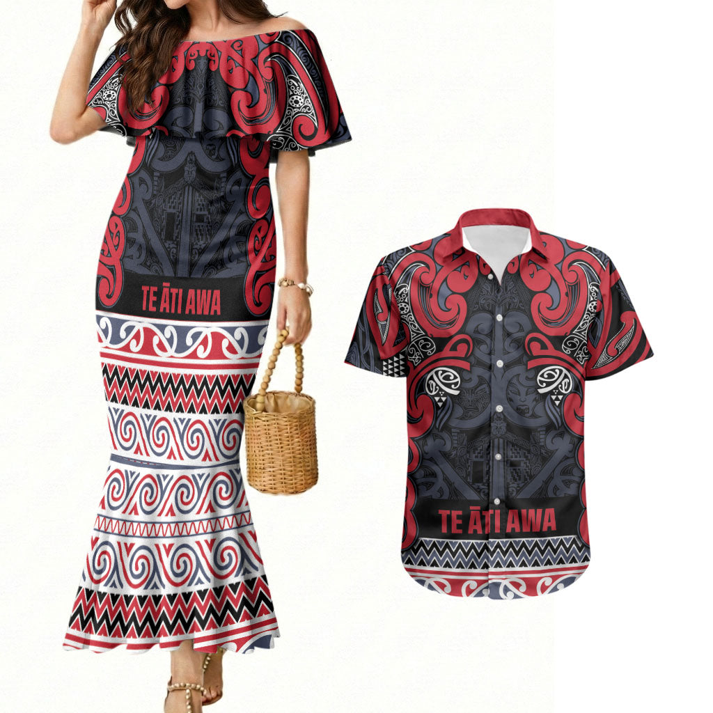 Aotearoa Iwi Te ati Awa Couples Matching Mermaid Dress and Hawaiian Shirt Maori Wharenui House Tribal Pattern