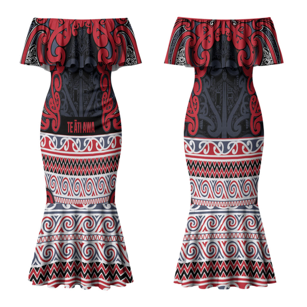 Aotearoa Iwi Te ati Awa Couples Matching Mermaid Dress and Hawaiian Shirt Maori Wharenui House Tribal Pattern