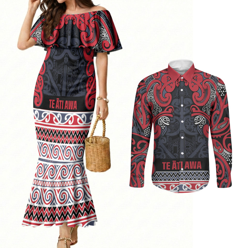 Aotearoa Iwi Te ati Awa Couples Matching Mermaid Dress and Long Sleeve Button Shirt Maori Wharenui House Tribal Pattern